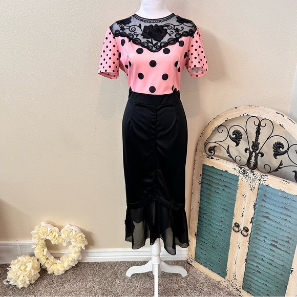 50s Retro Office Siren Pink Polka Dot with Black Mermaid bottom 8/10 - Picture 1 of 12